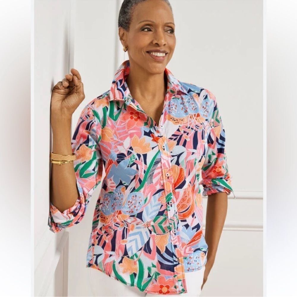 TALBOTS Cotton Button Front Shirt 2X In Peach & Blue Marvelous Floral Print